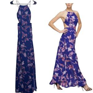 Fame & Partners Purple Midnight Floral Open Lace Up Back Cut Out Side Maxi Sz 4